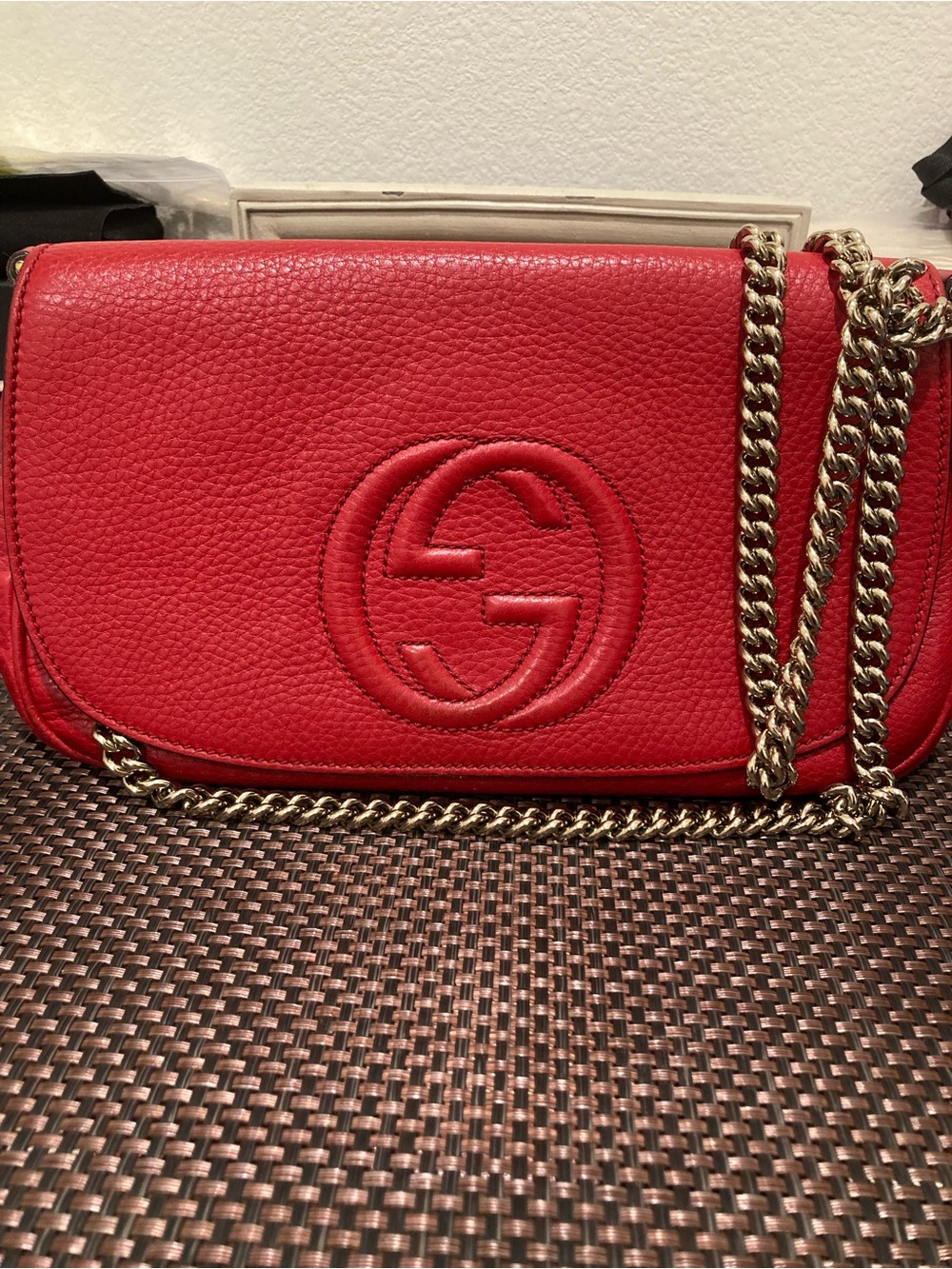 Gucci Soho Red Pebbled Leather Chain Shoulder Bag with Embossed GG